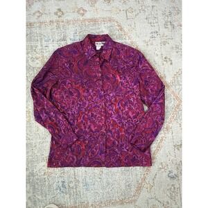 Vintage TanJay Paisley Button Up Purple Fuchsia Blouse Womens Sz M Silk Feel